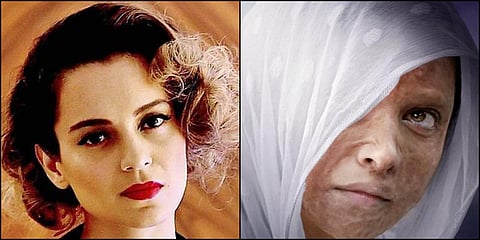 (Left) Kangana Ranaut (right) Deepika Padukone in 'Chhapaak' (Photos | PTI, Twitter)