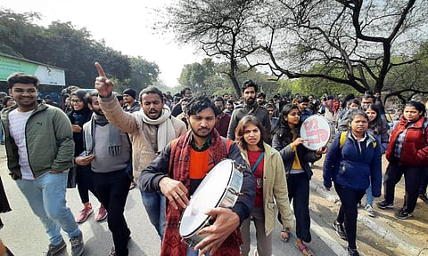 JNU students protesting inside the university campus in New Delhi on Thursday. (Photo | Shekhar Yadav/EPS)