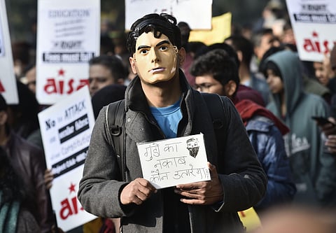 JNU students during a protest march from Mandi House to HRD Ministry demanding removal of the university Vice-Chancellor in New Delhi Thursday Jan. 9 2020. (Photo | PTI)