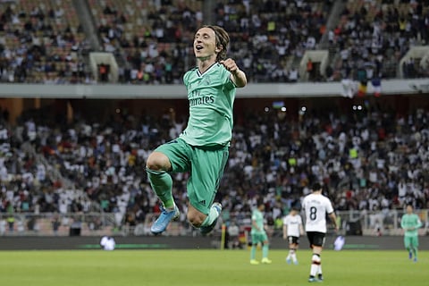 Real Madrid's Luka Modric celebrates after scoring his side's third goal during the Spanish Super Cup semifinal against Valencia. (Photo | AP)