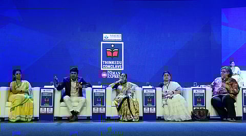 BJP MP Tejasvi Surya flanked by NCP leader Supriya Sule (extreme left), DMK MP  Thamizhachi Thangapandian and  Congress spokesperson Khushbu Sundar during ThinkEdu conclave on Thursday. (Photo | R Satish Babu, EPS)