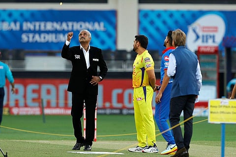 Match commissioner flipping the toss coin during match 7 of season 13, Dream 11 Indian Premier League (IPL) between Chennai Super Kings and Delhi Capitals. (Photo | IPL)