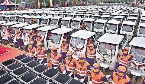 Chief Minister Edappadi K Palaniswami, on Wednesday flagged off a fleet of waste management equipment during a function at Island Grounds in Chennai | P Jawahar