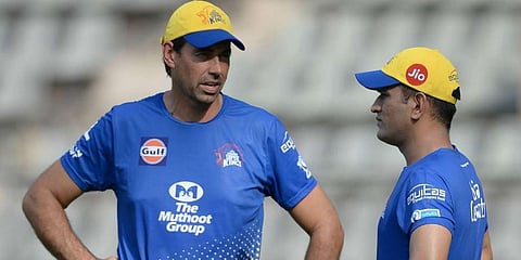 Chennai Super Kings coach Stephen Fleming (L) with skipper MS Dhoni. (Photo | AFP)