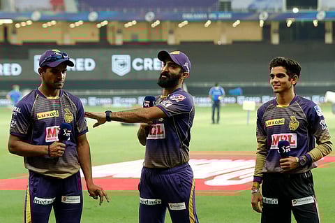 Shivam Mavi of Kolkata Knight Riders , Dinesh Karthik captain of Kolkata Knight Riders and Kamlesh Nagarkoti of Kolkata Knight Riders. (Photo | IPL)