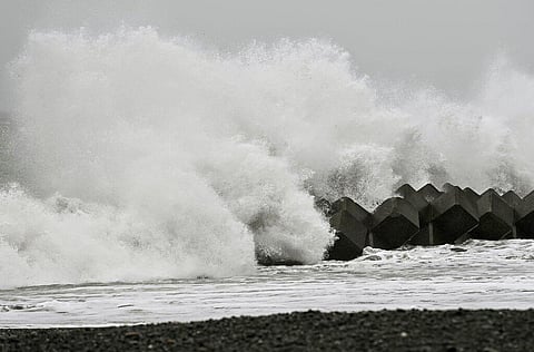 Waves hit the tetrapods on the shore of Shizuoka city, southwest of Tokyo, Saturday, Oct. 10, 2020, as severe weather goes through waters off the region. (Photo | AP)