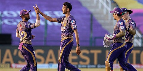 KKR players celebrate the wicket of Mayank Agarwal of KXIP during an IPL 2020 match. (Photo| PTI)
