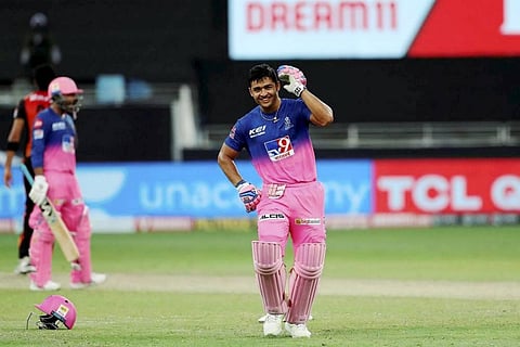 Rajasthan Royals batsman Riyan Parag celebrates after winning the Indian Premier League 2020 cricket match against Sunrisers Hyderabad. (Photo | PTI)