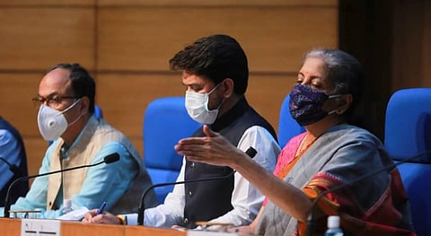 Union Finance Minister Nirmala Sitharaman addressing a press conference at National Media Centre in New Delhi on Monday. (Photo | Shekhar Yadav/EPS)