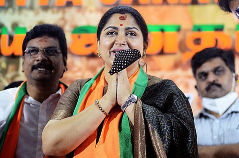 Actor-turned politician Khushboo Sundar speaks to media at state party office, a day after joining BJP before quitting Congress, in Chennai on Tuesday. (Photo | Debadatta Mallick, EPS)