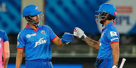 Delhi Capitals captain Shreyas Iyer and Shikhar Dhawan during IPL match against Rajasthan Royals at the Dubai International Cricket Stadium. (Photo | PTI)