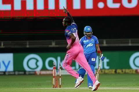 Jofra Archer of Rajasthan Royals celebrates the wicket of Prithvi Shaw. (Photo | IPL)