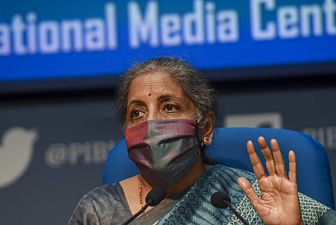 Finance Ministers Nirmala Sitharaman addresses media on the outcomes of the 42nd GST Council meeting in New Delhi Monday Oct 5 2020. (Photo | PTI)