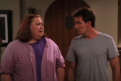 Conchata Ferrell as Berta in still from 'Two and a Half Men' with actor Charlie Sheen (Photo | YouTube Screengrab)