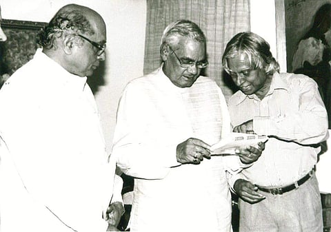 Dr A P J Abdul Kalam (right), who was then Scientific advisor to the Defence Minister and Secretary, Department of Defence Research and Development and R Chidambaram (left) Secretary, Department of Atomic Energy called on Prime Minister Atal Bihari Vajpay