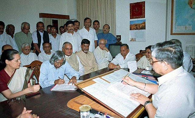 A P J Abdul Kalam filing his nomination papers for the Presidential Election in presence of the Prime Minister, Atal Bihari Vajpayee and the Leader of the opposition Sonia Gandhi along with other political leaders in New Delhi. (File Photo | PTI)