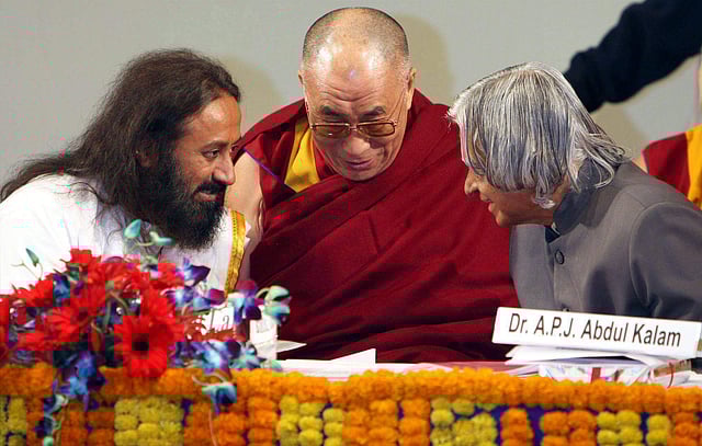 Tibetan Spiritual leader Dalai Lama, former President APJ Abdul Kalam and Founder of Art of Living Foundation Sri Sri Ravishankar share a moment at the launch of Global Foundation for Civilizational Harmony (India) at New Delhi in 2008. (File Photo | PTI)