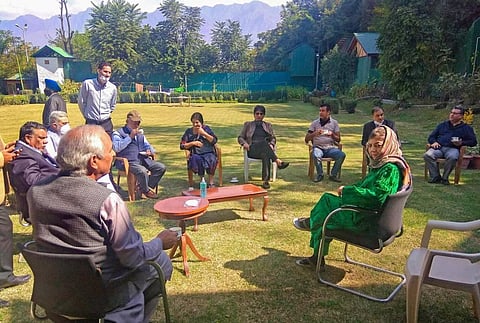 Former Jammu and Kashmir CM and President of Peoples Democratic Party PDP Mehbooba Mufti interacts with senior party leaders at her residence in Srinagar. (Photo | PTI)
