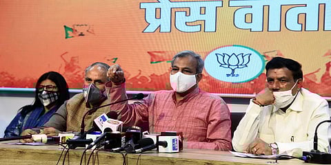Delhi BJP president Adesh Gupta along with three MCD Mayors at a press conference. (Photo| Parveen Negi, EPS)