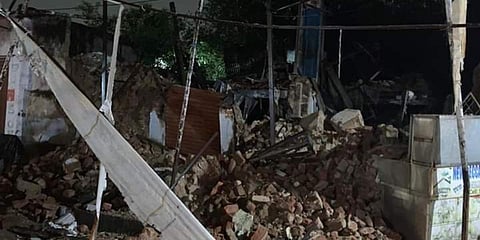 The scene of wall collapse from Mangalhat in Hyderabad's Old City. (Photo| EPS)