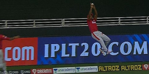 Mayank Agarwal saved an obvious six by jumping right at the edge of the boundary and throwing the ball back inside. (Twitter Photo)