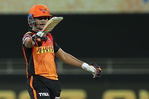 Priyam Garg of Sunrisers Hyderabad celebrates his fifty against the Chennai Super Kings. (Photo | IPLT20/Sportzpics for BCCI)