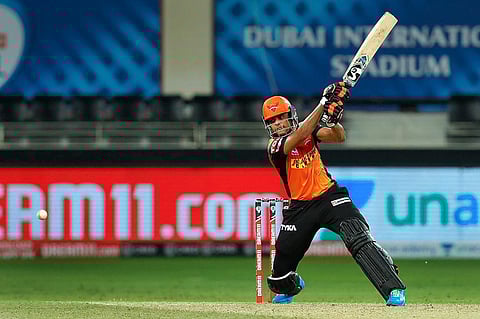 Sunrisers Hyderabad batsman Priyam Garg plays a shot during the Indian Premier League 2020 cricket match against Chennai Super Kings at Dubai International Cricket Stadium in Dubai. (Photo | PTI)