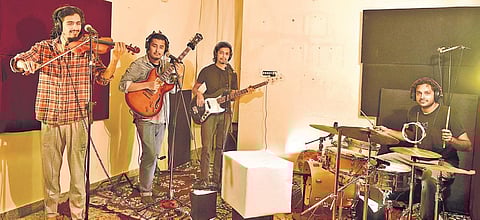 (From left) Band members Veecheet Dhakal, Siddhant Mani Chettri, Anudwatt Dhakal and Joe Panicker , Meghana Sastry