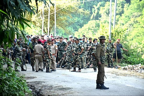 Security personnel at Assam-Mizoram border after houses and shops were torched in a fresh border dispute on October 18. (Photo | EPS)