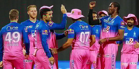 Rajasthan Royals players celebrate the wicket of Chennai Super Kings batsman Faf du Plessis during the IPL 2020 match at Sheikh Zayed Stadium in Abu Dhabi. (Photo | PTI)