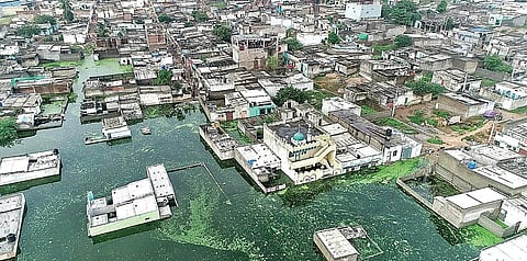 An aerial view of the still-submerged areas of Osman Nagar and Shaheen Nagar on Wednesday
