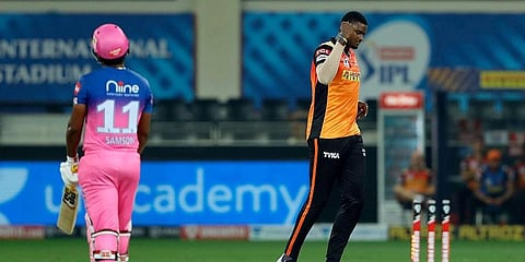 SRH's Jason Holder celebrates the wicket of Sanju Samson of Rajasthan Royals. (Photo | ANI)