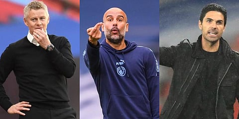 Manchester United manager Ole Gunnar Solskjaer (L), Manchester City manager Pep Guardiola (C) and Arsenal manager Mikel Arteta (R) (Photos| AP)