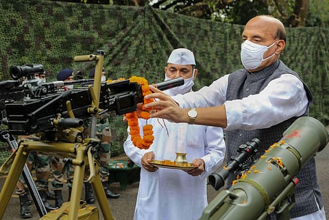 Defence Minister Rajnath Singh performs 'shastra puja' at the Sukna Army Camp, in Darjeeling (Photo| PTI)
