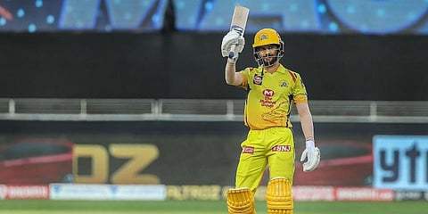 Ruturaj Gaikwad of Chennai Superkings celebrates his fifty during the IPL match against RCB. (Photo | PTI)