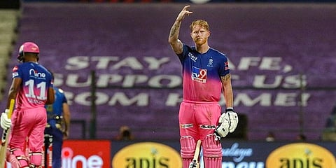 Ben Stokes of Rajasthan Royals celebrates his century during IPL game against Mumbai Indians. (Photo | PTI)