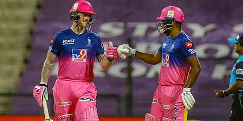 Ben Stokes' ton and Sanju Samson's fifty steered Rajasthan Royals to a comprehensive eight-wicket win over Mumbai Indians here at Sheikh Zayed Stadium on Sunday. (Photo | PTI)