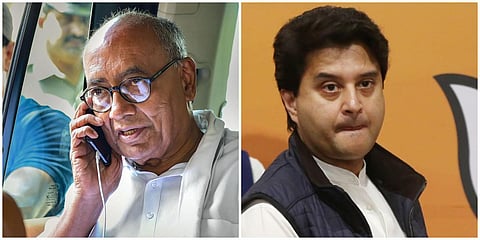 Senior Congress leader Digvijaya Singh (L) and Congress-turned-BJP leader Jyotiraditya Scindia. (File photo| PTI and EPS)