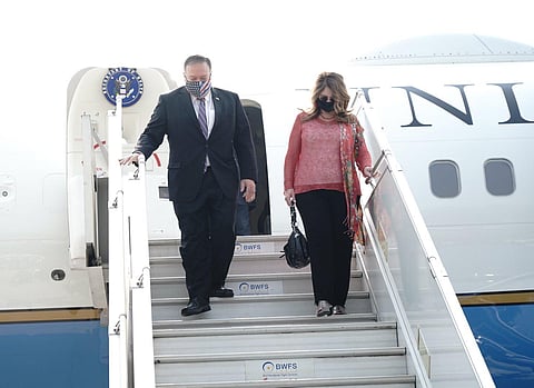 Mike Pompeo along with his wife Susan arrive in Delhi. (Photo | Twitter)