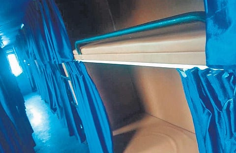 The interior of the air-conditioned KSRTC sleeper bus at Munnar depot