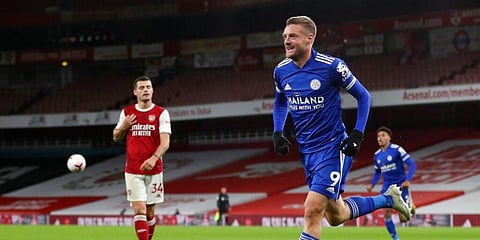 Leicester's Jamie Vardy celebrates after scoring against Arsenal. (Photo | AP)