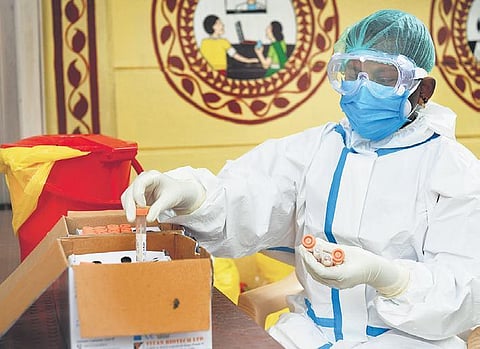 A health worker sorts vials carrying samples for Covid-19 testing | MEGHANA SASTRY