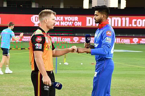 SRH Captain David Warner and DC Captain Shreyas Iyer during the Toss  (Photo | www.ipl.com)