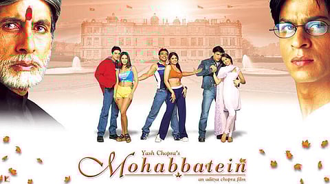 'Mohabbatein' cast featuring (L to R) Amitabh Bachchan,Jugal Hansraj, Kim Sharma, Uday Chopra, Shamita Shetty, Jimmy Shergill, Preeti Jhangiani and Shah Rukh Khan. (Photo | yashrajfilms.com)