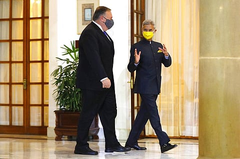 U.S. Secretary of State Mike Pompeo, left and India's External Affairs Minister Subrahmanyam Jaishankar arrive for their meeting at the Hyderabad House in New Delhi, India, Monday. (Photo | AP)