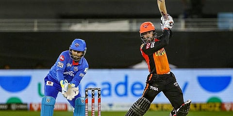 Wriddhiman Saha of Sunrisers Hyderabad plays a shot during IPL match against Delhi Capitals at the Dubai International Cricket Stadium. (Photo | PTI)