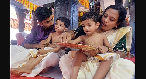A Vidyarambham ceremony at the Saraswathy Mandapam at Poojapura in Thiruvananthapuram. (Photo | Vincent Pulickal, EPS)