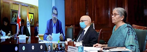 Union Finance Minister Nirmala Sitharaman participates in 10th India-UK Economic and Financial Dialogue EFD in New Delhi Wednesday. (Photo | PTI)