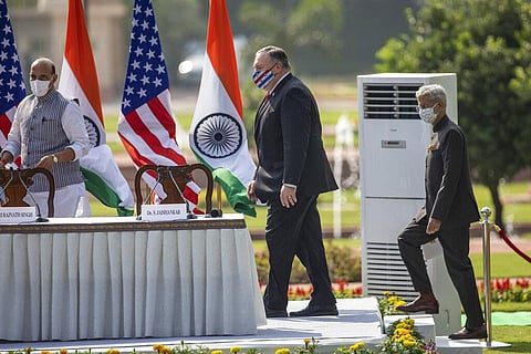 Indian Defence Minister Rajnath Singh, U.S. Secretary of State Mike Pompeo, and Foreign Minister Subrahmanyam Jaishankar arrive for a joint press conference at Hyderabad House. (Photo | AP)