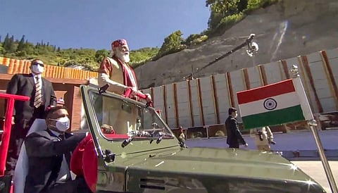 Prime Minister Narendra Modi during the inauguration of Atal tunnel world's longest highway tunnel in Manali Saturday Oct. 3 2020. (Photo | Youtube Screenshot)